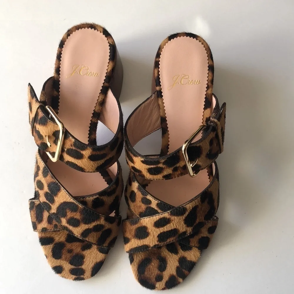 J.crew women’s rich mahogany haircalf penny mid block heel slide sandal size 6